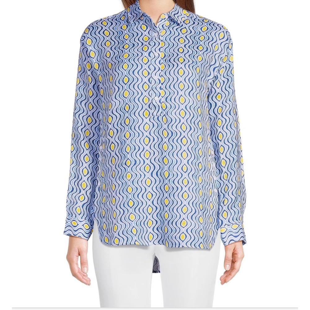 J.McLaughlin Fallon Tunic Blouse Medium Blue Costa Key Print Linen Geometric Top